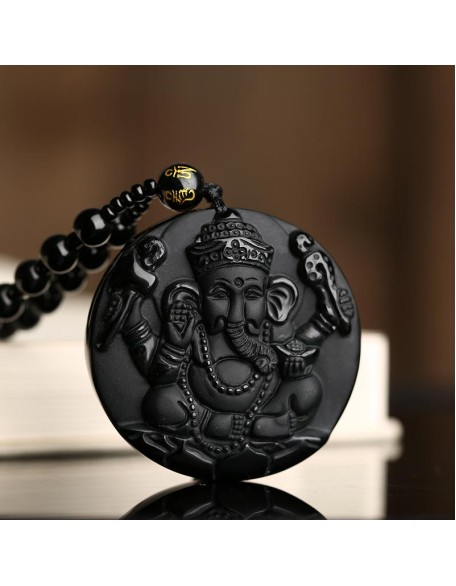 Obsidian Lord Ganesha Pendant - Necklace for Success