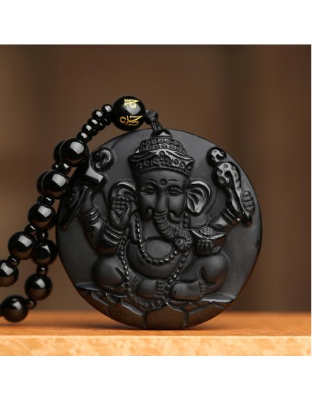 Obsidian Lord Ganesha Pendant - Necklace for Success