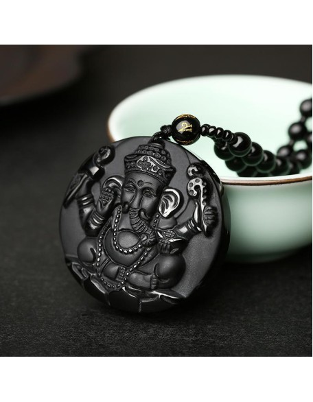 Obsidian Lord Ganesha Pendant - Necklace for Success