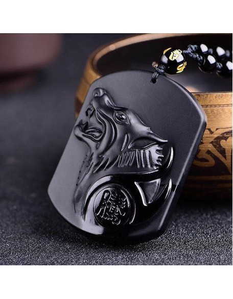 Black Obsidian Wolf Protection Necklace Wolf Pendant