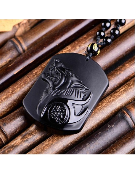 Black Obsidian Wolf Protection Necklace Wolf Pendant