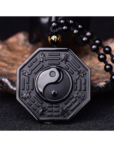 Obsidian Yin and Yang Necklace - Bagua Pendant