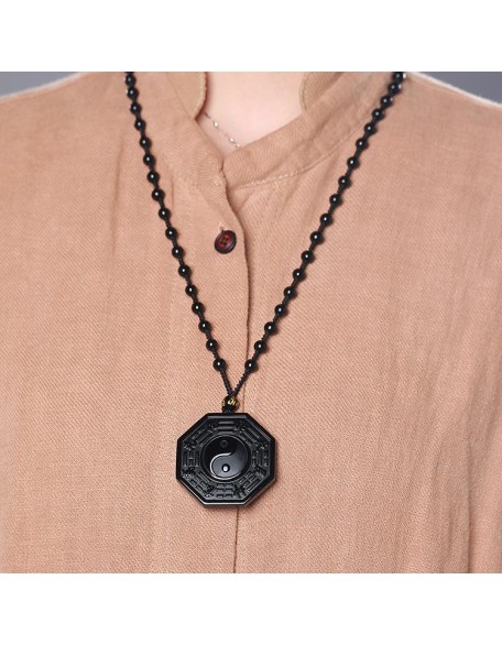 Obsidian Yin and Yang Necklace - Bagua Pendant