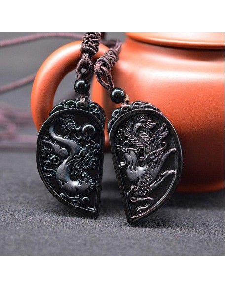 Half Heart Necklace for Couples - Obsidian Dragon and Phoenix Pendant Set