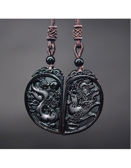 Half Heart Necklace for Couples - Obsidian Dragon and Phoenix Pendant Set