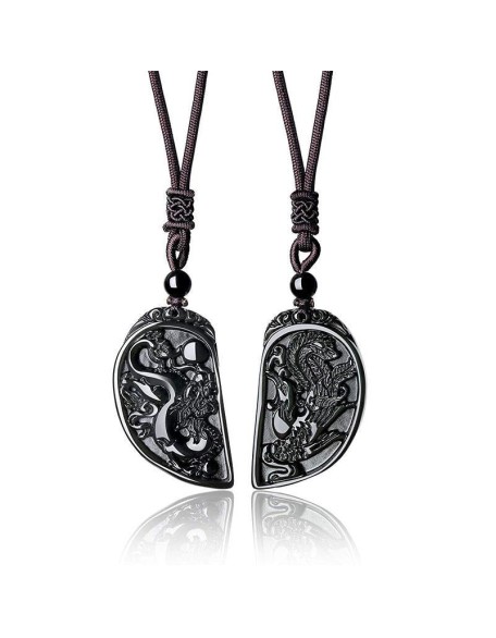 Half Heart Necklace for Couples - Obsidian Dragon and Phoenix Pendant Set