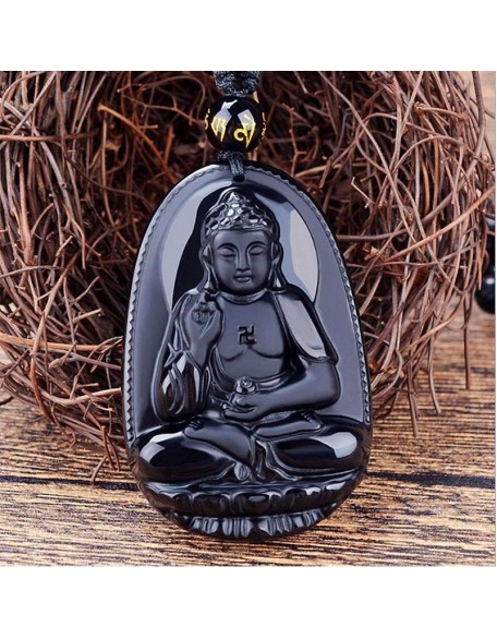 Black Obsidian Buddha Necklace Pendant - Protection & Courage