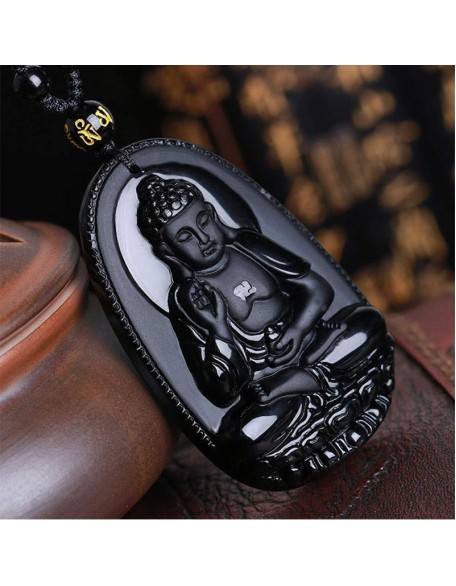 Black Obsidian Buddha Necklace Pendant - Protection & Courage