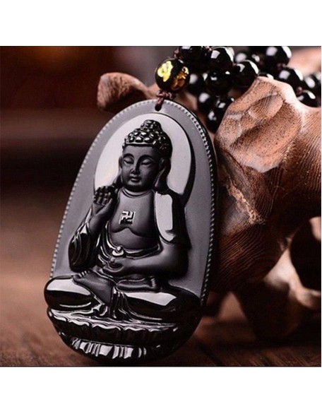 Black Obsidian Buddha Necklace Pendant - Protection & Courage