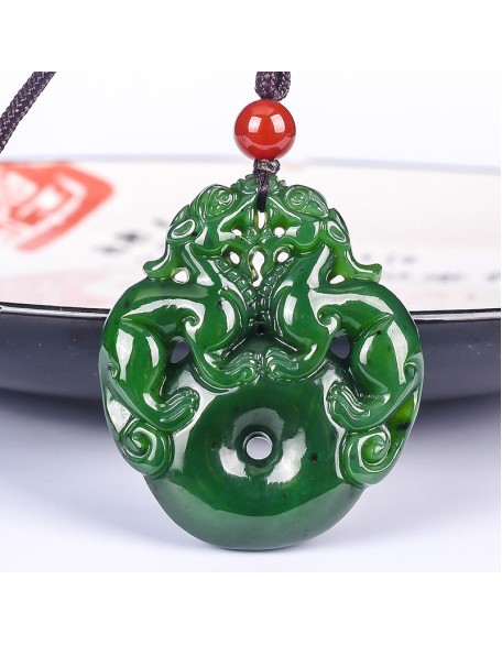 Lucky Double Pixiu Hetian Jade Necklace - Fulfill Dreams & Money Luck