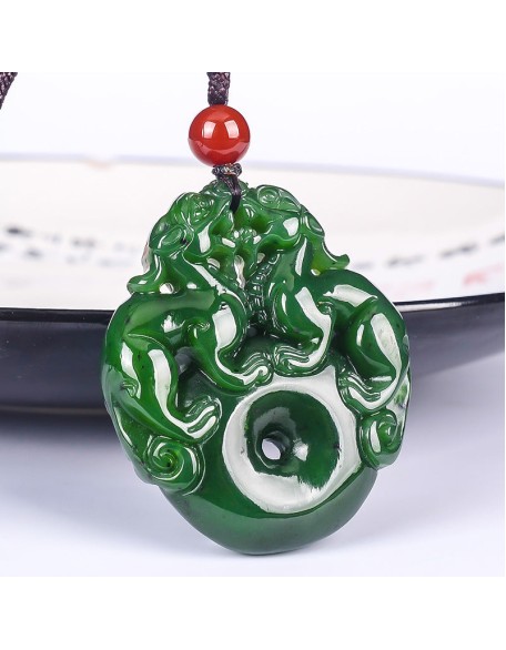 Lucky Double Pixiu Hetian Jade Necklace - Fulfill Dreams & Money Luck