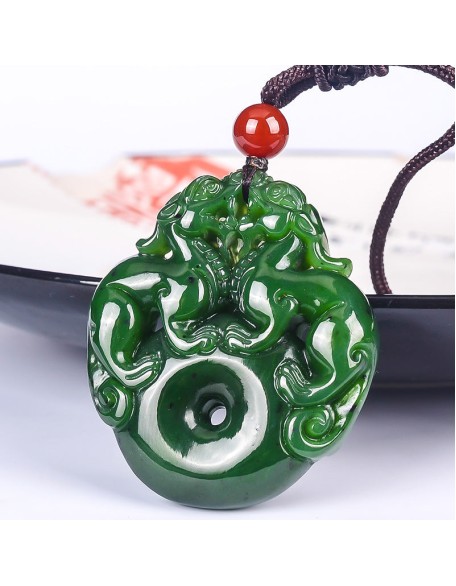 Lucky Double Pixiu Hetian Jade Necklace - Fulfill Dreams & Money Luck