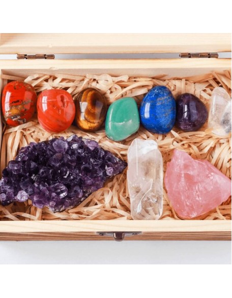 Crystal Box - Set of 7 Chakra Stones, Rose Quartz & Amethyst Cluster