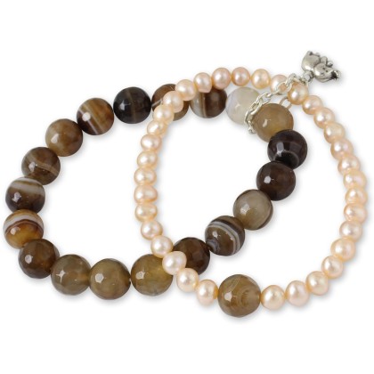 Handmade Silver Cultured Freshwater Pearl Agate Stretch Bracelet with Elephant Charm Fine Beige White Brown Beaded Thailand 'Iridescent Forest'