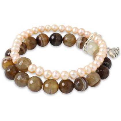 Handmade Silver Cultured Freshwater Pearl Agate Stretch Bracelet with Elephant Charm Fine Beige White Brown Beaded Thailand 'Iridescent Forest'