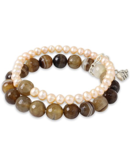 Handmade Silver Cultured Freshwater Pearl Agate Stretch Bracelet with Elephant Charm Fine Beige White Brown Beaded Thailand 'Iridescent Forest'