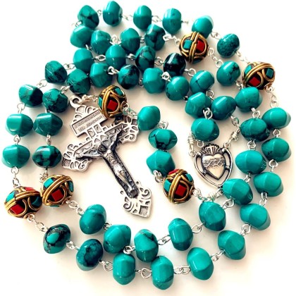 elegantmedical Turquoise TIBET COPPER BEADS STERLING 925 SILVER ROSARY NECKLACE Catholic