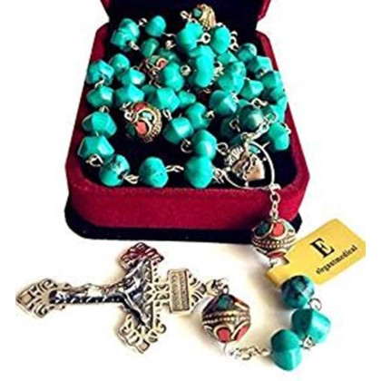 elegantmedical Turquoise TIBET COPPER BEADS STERLING 925 SILVER ROSARY NECKLACE Catholic