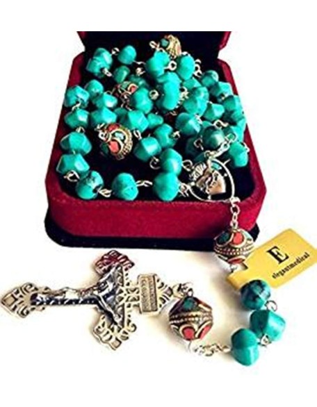 elegantmedical Turquoise TIBET COPPER BEADS STERLING 925 SILVER ROSARY NECKLACE Catholic