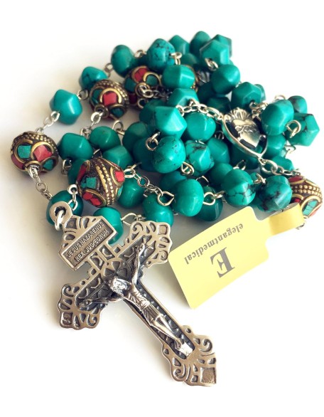 elegantmedical Turquoise TIBET COPPER BEADS STERLING 925 SILVER ROSARY NECKLACE Catholic