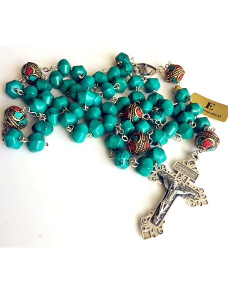 elegantmedical Turquoise TIBET COPPER BEADS STERLING 925 SILVER ROSARY NECKLACE Catholic