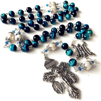 HANDMADE Peacock Blue Tiger Eye Prayer Beads Pearl sterling silver beads caps Catholic Rosary Necklace Gift Box Italy Parden Crucifix