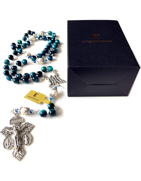 HANDMADE Peacock Blue Tiger Eye Prayer Beads Pearl sterling silver beads caps Catholic Rosary Necklace Gift Box Italy Parden Crucifix