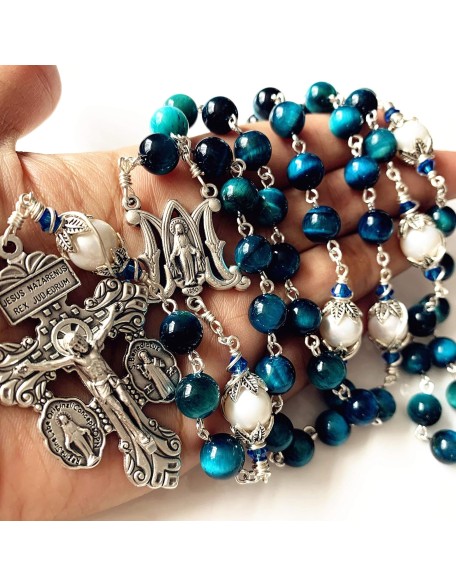 HANDMADE Peacock Blue Tiger Eye Prayer Beads Pearl sterling silver beads caps Catholic Rosary Necklace Gift Box Italy Parden Crucifix