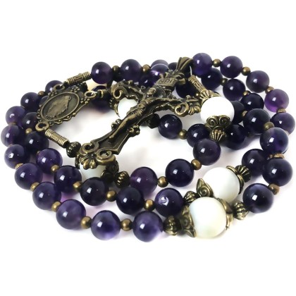 Beautiful Amethyst and Mother of Pearl Stone Rosary Beads Catholic