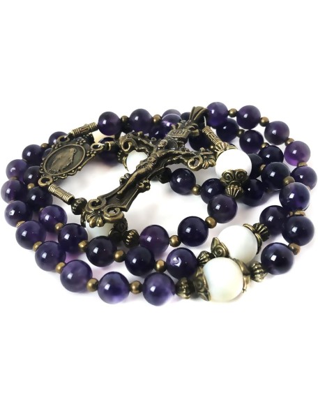 Beautiful Amethyst and Mother of Pearl Stone Rosary Beads Catholic