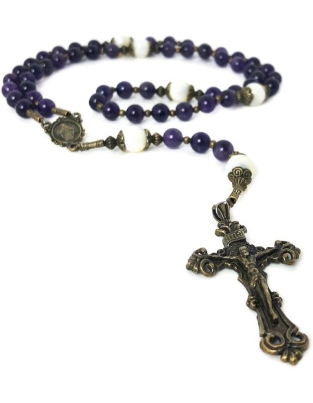 Beautiful Amethyst and Mother of Pearl Stone Rosary Beads Catholic