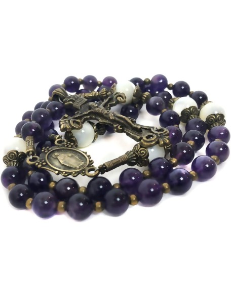 Beautiful Amethyst and Mother of Pearl Stone Rosary Beads Catholic