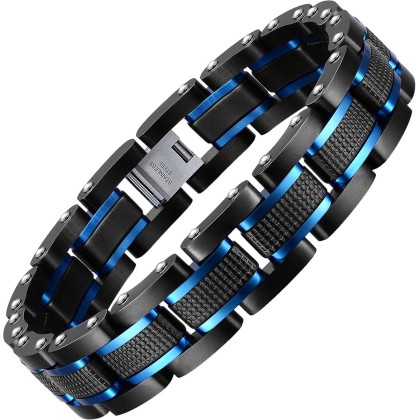 Men's Stainless Steel Two Tone Square Link Bracelet, Black and Blue Ion Plated Black