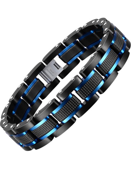 Men's Stainless Steel Two Tone Square Link Bracelet, Black and Blue Ion Plated Black