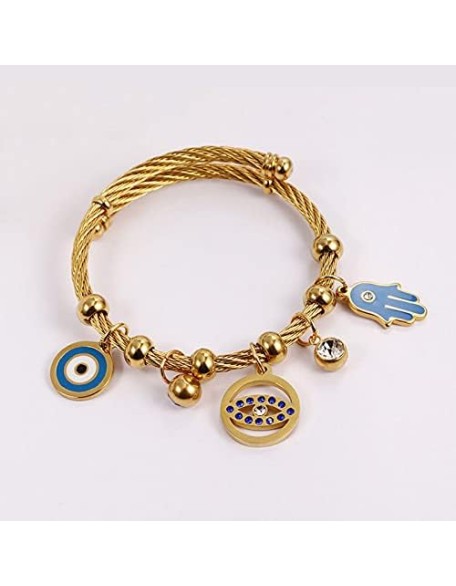 Polished Stainless Steel Turkish Lucky Symbol Fatima Hands Bangle Crystal Zircon Evil Eye Wrap Braclet 