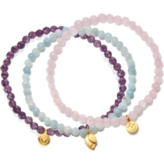 Gold Plated & Amethyst, Quartz, Aquamarine Mini Lotus Charm Stretch Women's Bracelet Set