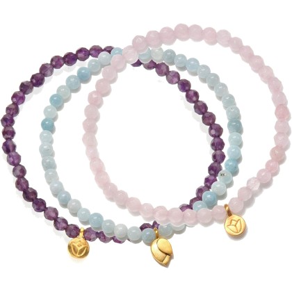 Gold Plated & Amethyst, Quartz, Aquamarine Mini Lotus Charm Stretch Women's Bracelet Set