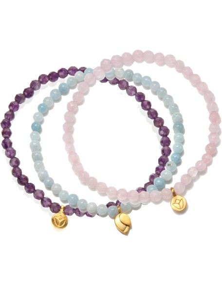 Gold Plated & Amethyst, Quartz, Aquamarine Mini Lotus Charm Stretch Women's Bracelet Set