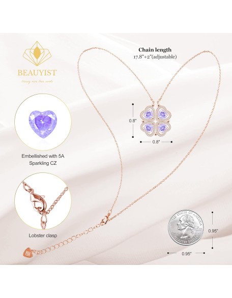 2 IN 1 Lucky Four Leaf Clover Necklaces for Women & Girls, Shamrock CZ Birthstone folding Heart Necklace