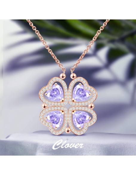 2 IN 1 Lucky Four Leaf Clover Necklaces for Women & Girls, Shamrock CZ Birthstone folding Heart Necklace