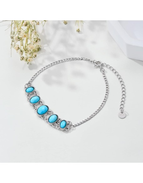 Turquoise Bracelet for Women Sterling Silver Genuine Blue Turquoise Gemstone Link