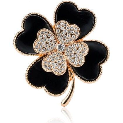 Brooch Pins Lucky Four Leaf Clover Gold Petal Rhinestone Crystal Valentines Flower Lapel Brooches