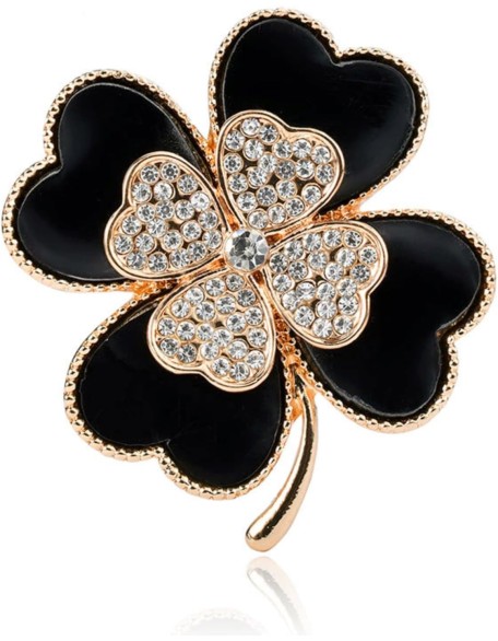 Brooch Pins Lucky Four Leaf Clover Gold Petal Rhinestone Crystal Valentines Flower Lapel Brooches