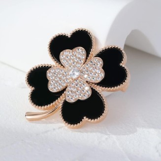 Brooch Pins Lucky Four Leaf Clover Gold Petal Rhinestone Crystal Valentines Flower Lapel Brooches