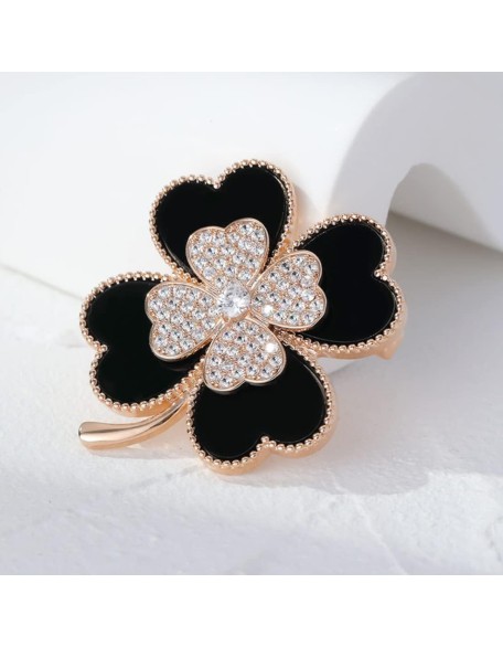 Brooch Pins Lucky Four Leaf Clover Gold Petal Rhinestone Crystal Valentines Flower Lapel Brooches