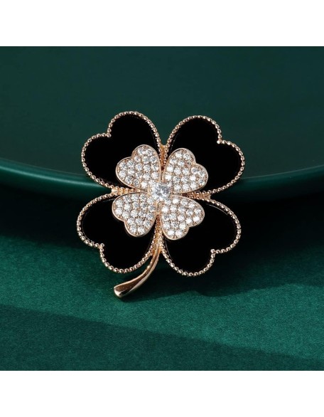 Brooch Pins Lucky Four Leaf Clover Gold Petal Rhinestone Crystal Valentines Flower Lapel Brooches