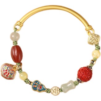 Bracelet Feng Shui Bangle Natural Cinnabar Aventurine Amber Pumpkin Enamel Wu Lou Lucky Charm Long Life Lock Pendant Multi Gem Hand Woven Rope Bracelet 