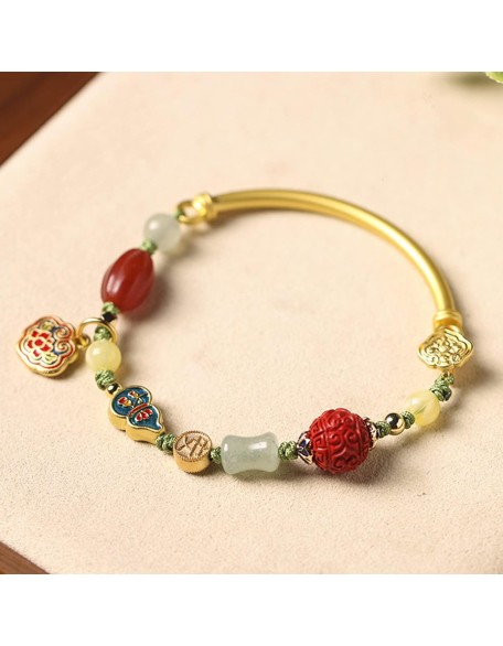 Bracelet Feng Shui Bangle Natural Cinnabar Aventurine Amber Pumpkin Enamel Wu Lou Lucky Charm Long Life Lock Pendant Multi Gem Hand Woven Rope Bracelet 