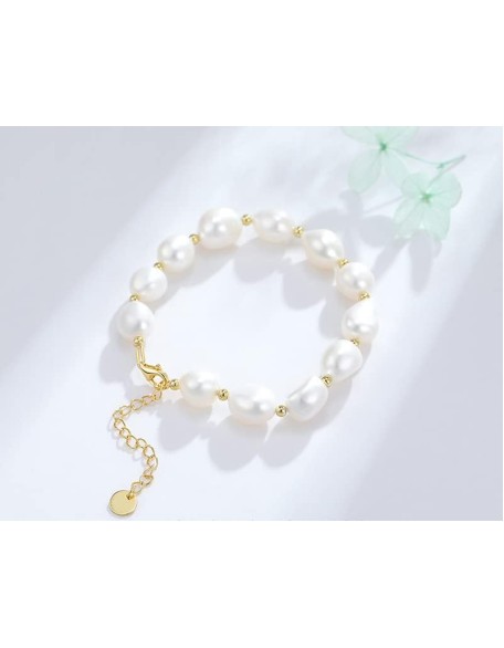 14K Gold Baroque Pearl Bracelet, Pure White Freshwater Pearl Bracelet