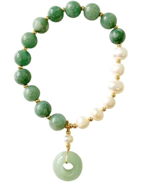 14K Gold Jade Pearl Bracelet, Pearl Beaded Stretch Bracelet